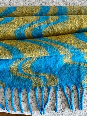 Urban Outfitters Blue and Mustard Wave Oversized Fringe Scarf
